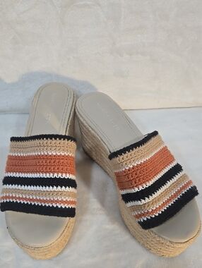 Marc Fisher Striped Espadrille Platform Slides - Black, Tan & Rust